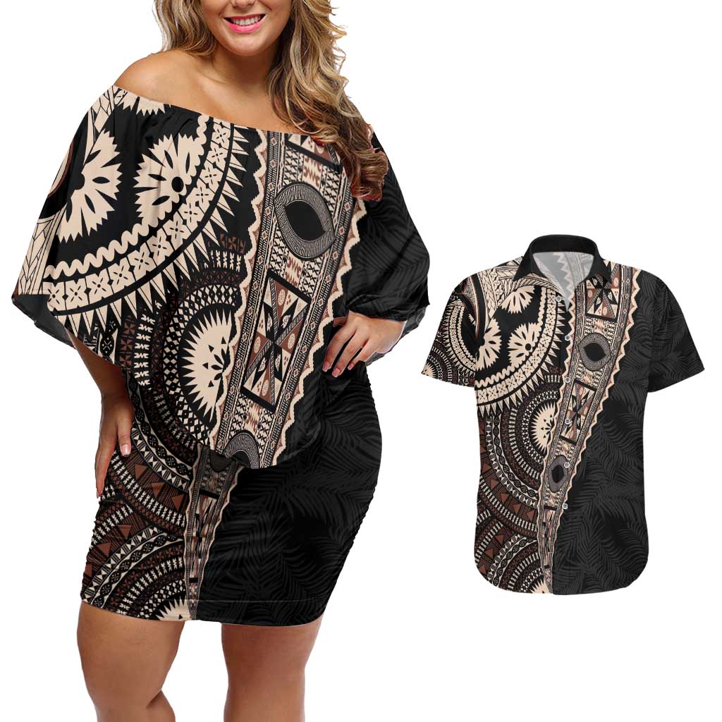Fiji Traditional Masi Couples Matching Off Shoulder Short Dress and Hawaiian Shirt Tapa Art Palm Leaves Pattern LT03 Brown - Polynesian Pride