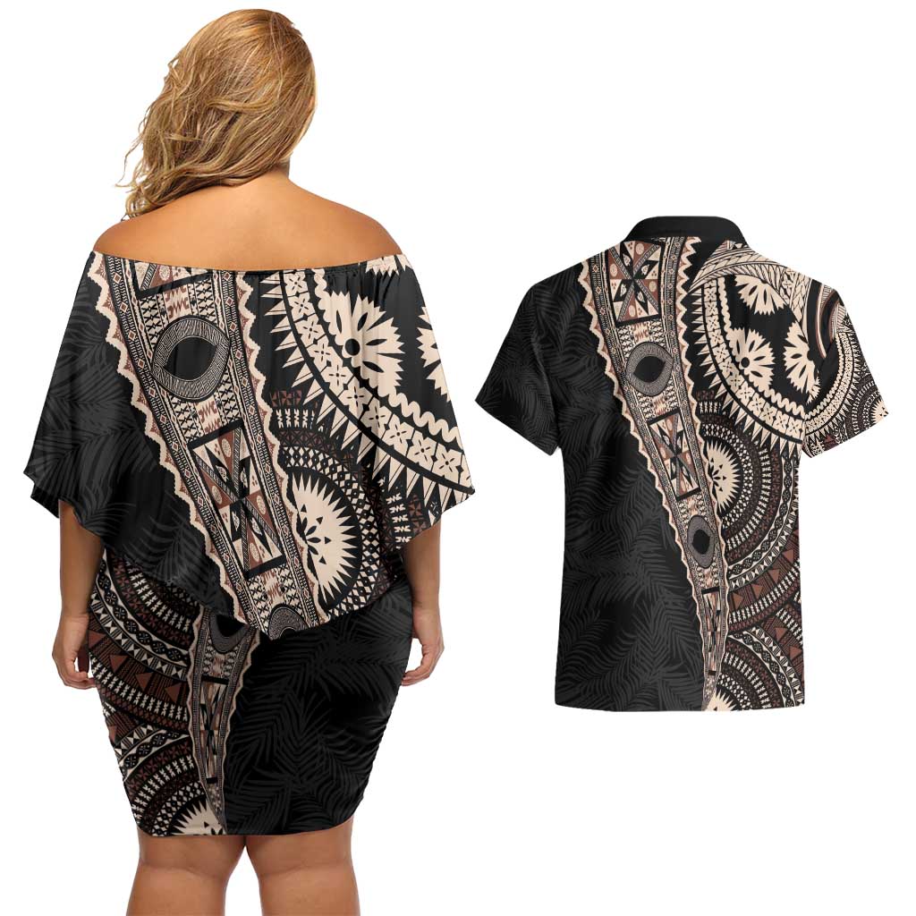 Fiji Traditional Masi Couples Matching Off Shoulder Short Dress and Hawaiian Shirt Tapa Art Palm Leaves Pattern LT03 - Polynesian Pride