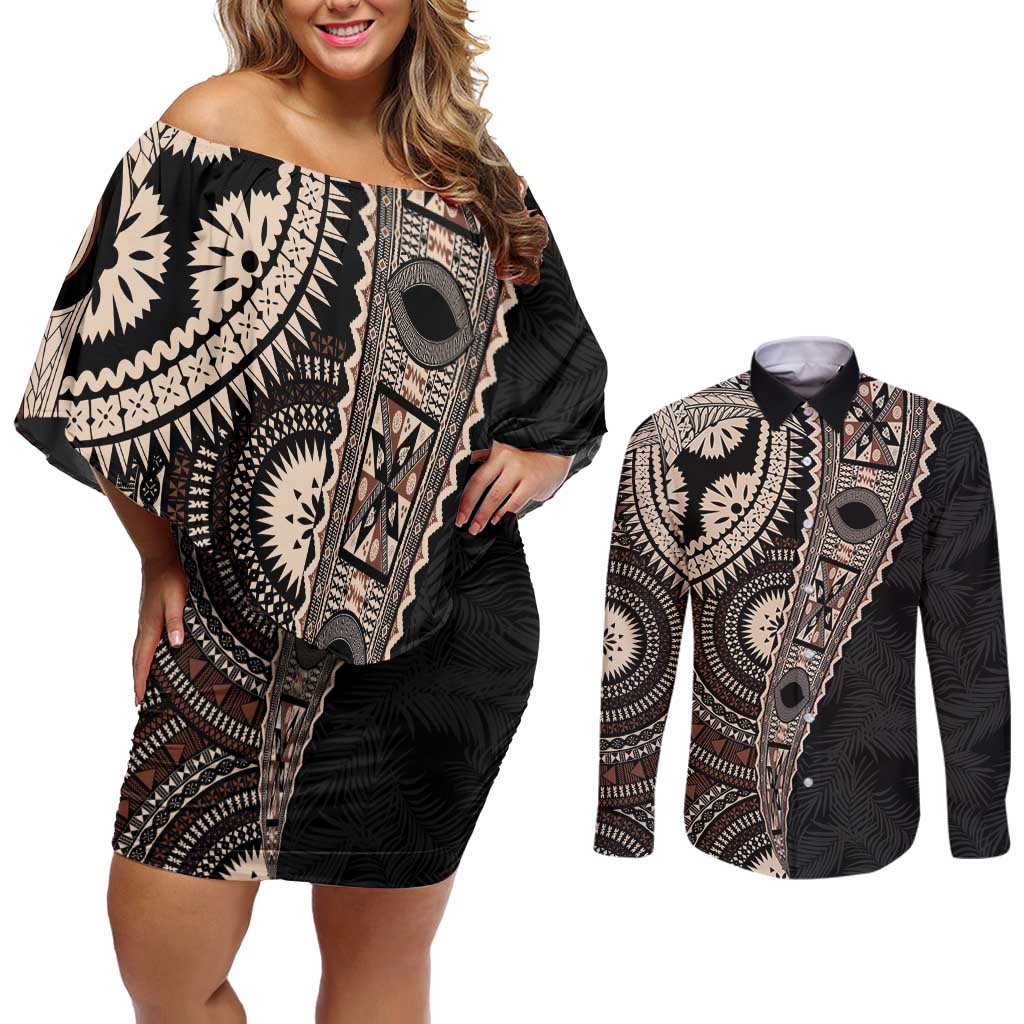Fiji Traditional Masi Couples Matching Off Shoulder Short Dress and Long Sleeve Button Shirt Tapa Art Palm Leaves Pattern