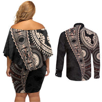 Fiji Traditional Masi Couples Matching Off Shoulder Short Dress and Long Sleeve Button Shirt Tapa Art Palm Leaves Pattern