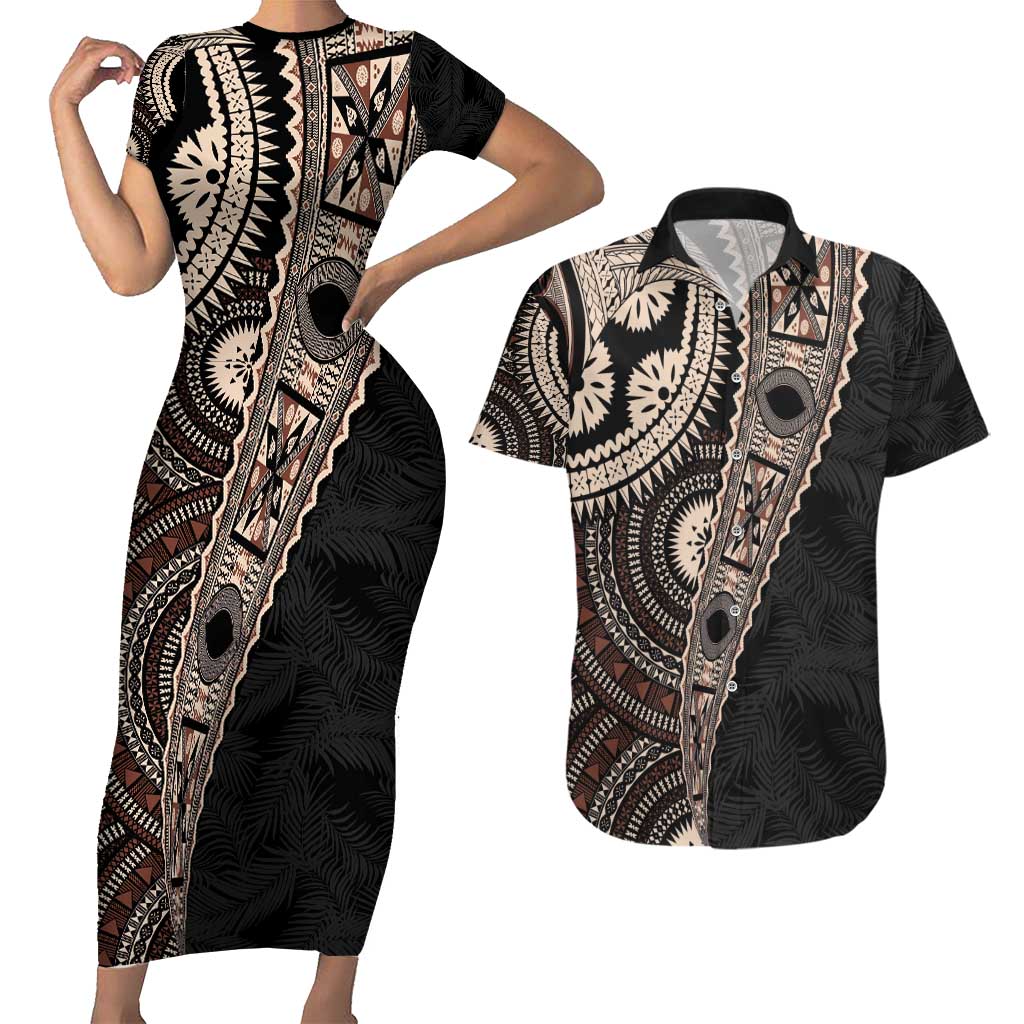 Fiji Traditional Masi Couples Matching Short Sleeve Bodycon Dress and Hawaiian Shirt Tapa Art Palm Leaves Pattern LT03 Brown - Polynesian Pride