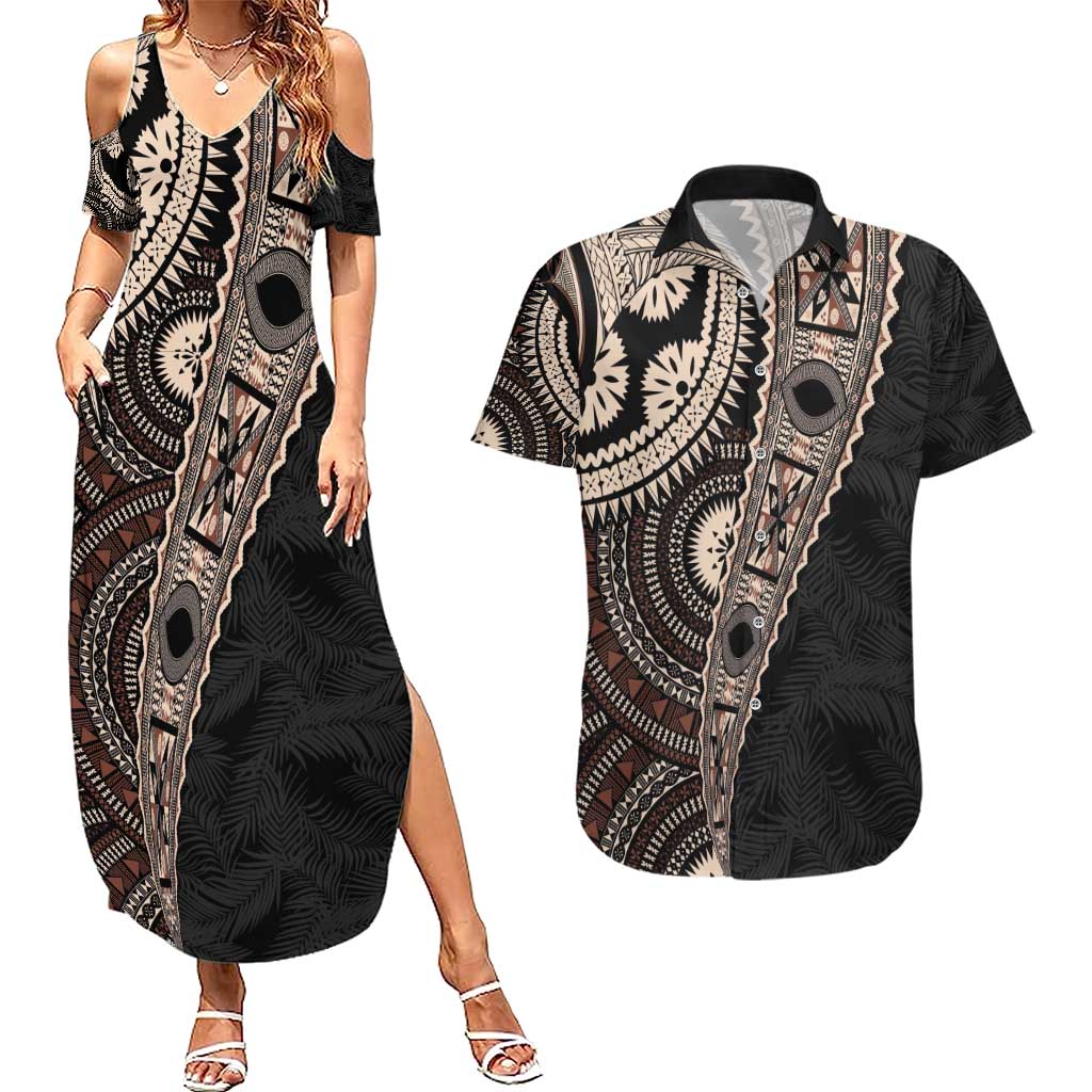 Fiji Traditional Masi Couples Matching Summer Maxi Dress and Hawaiian Shirt Tapa Art Palm Leaves Pattern LT03 Brown - Polynesian Pride