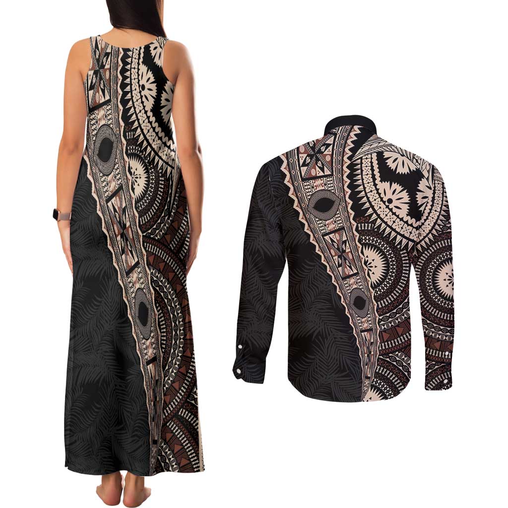 Fiji Traditional Masi Couples Matching Tank Maxi Dress and Long Sleeve Button Shirt Tapa Art Palm Leaves Pattern