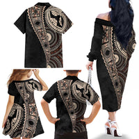 Fiji Traditional Masi Family Matching Off The Shoulder Long Sleeve Dress and Hawaiian Shirt Tapa Art Palm Leaves Pattern