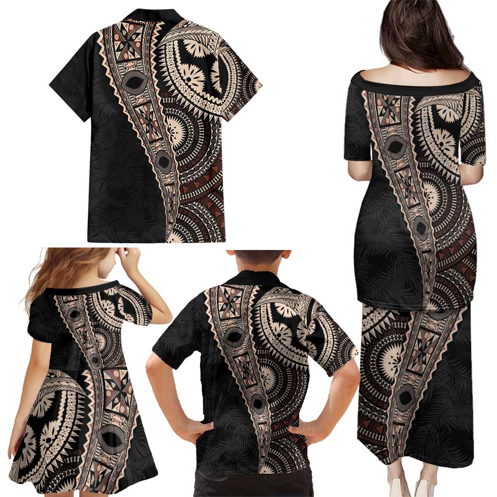 Fiji Traditional Masi Family Matching Puletasi and Hawaiian Shirt Tapa Art Palm Leaves Pattern