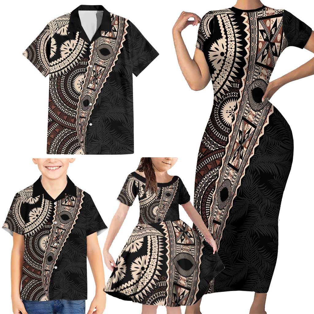 Fiji Traditional Masi Family Matching Short Sleeve Bodycon Dress and Hawaiian Shirt Tapa Art Palm Leaves Pattern