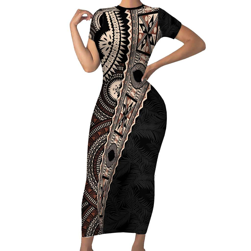 Fiji Traditional Masi Family Matching Short Sleeve Bodycon Dress and Hawaiian Shirt Tapa Art Palm Leaves Pattern