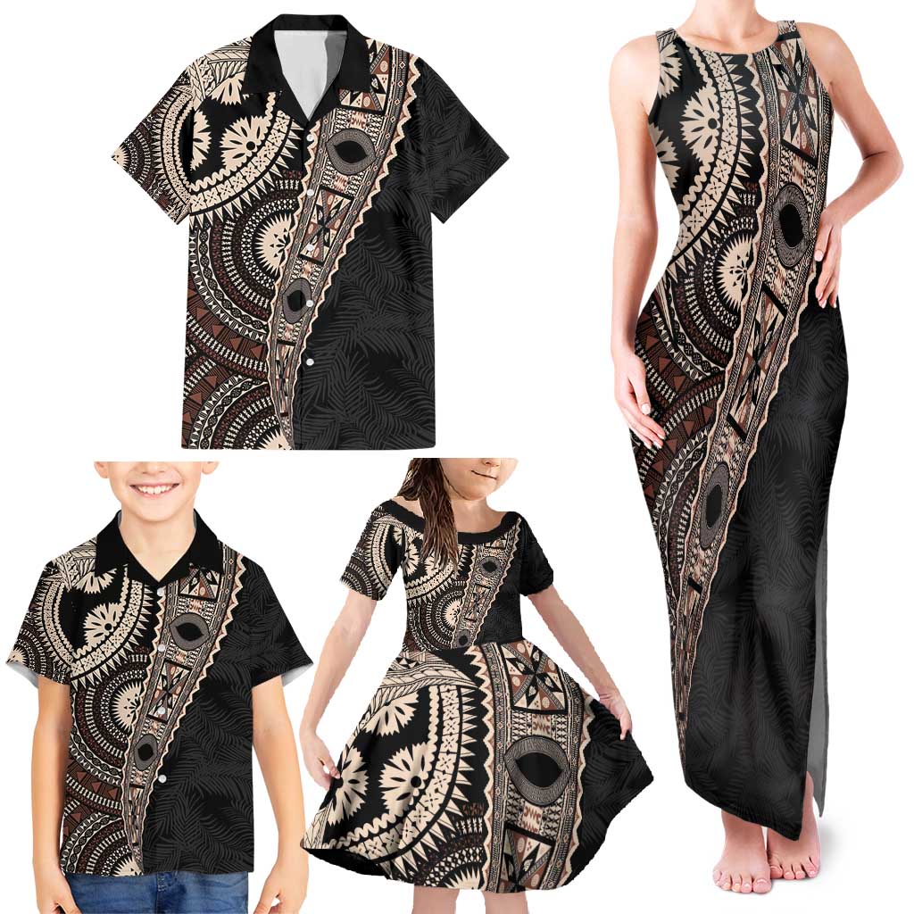 Fiji Traditional Masi Family Matching Tank Maxi Dress and Hawaiian Shirt Tapa Art Palm Leaves Pattern