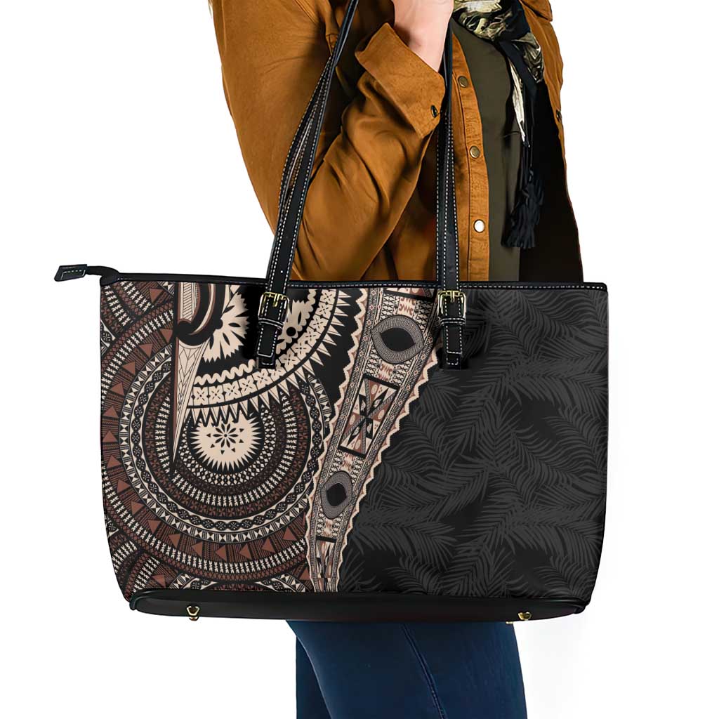 Fiji Traditional Masi Leather Tote Bag Tapa Art Palm Leaves Pattern