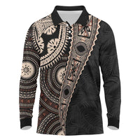 Fiji Traditional Masi Long Sleeve Polo Shirt Tapa Art Palm Leaves Pattern