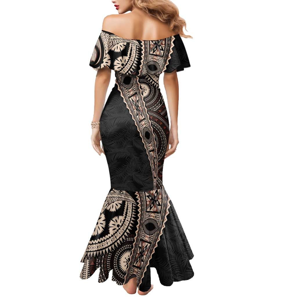 Fiji Traditional Masi Mermaid Dress Tapa Art Palm Leaves Pattern