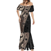 Fiji Traditional Masi Mermaid Dress Tapa Art Palm Leaves Pattern