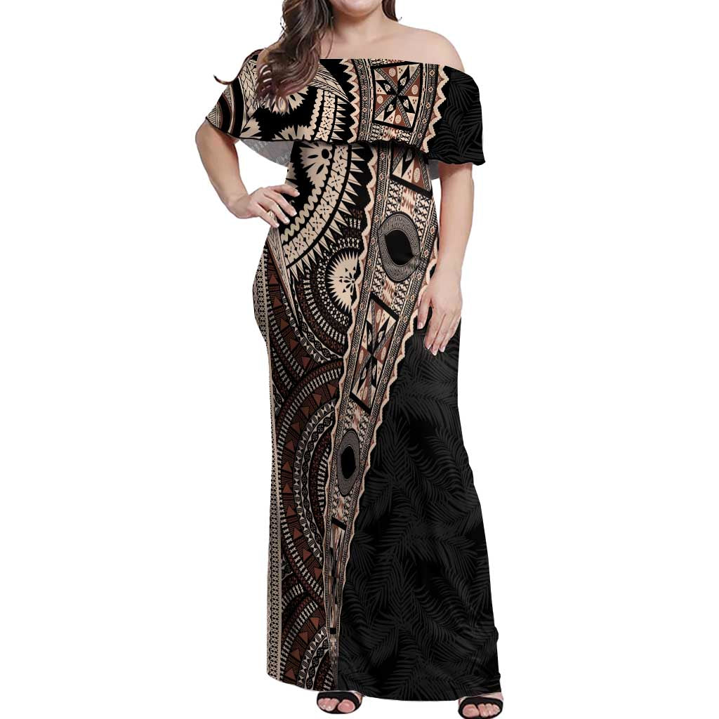 Fiji Traditional Masi Off Shoulder Maxi Dress Tapa Art Palm Leaves Pattern
