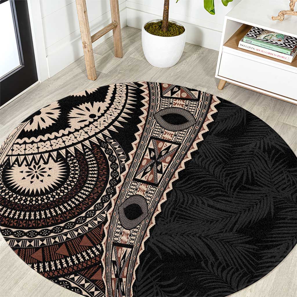 Fiji Traditional Masi Round Carpet Tapa Art Palm Leaves Pattern