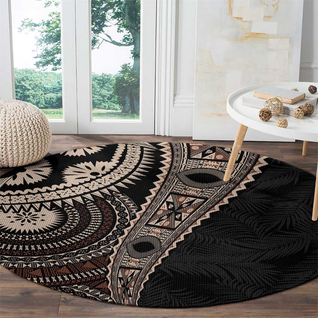 Fiji Traditional Masi Round Carpet Tapa Art Palm Leaves Pattern