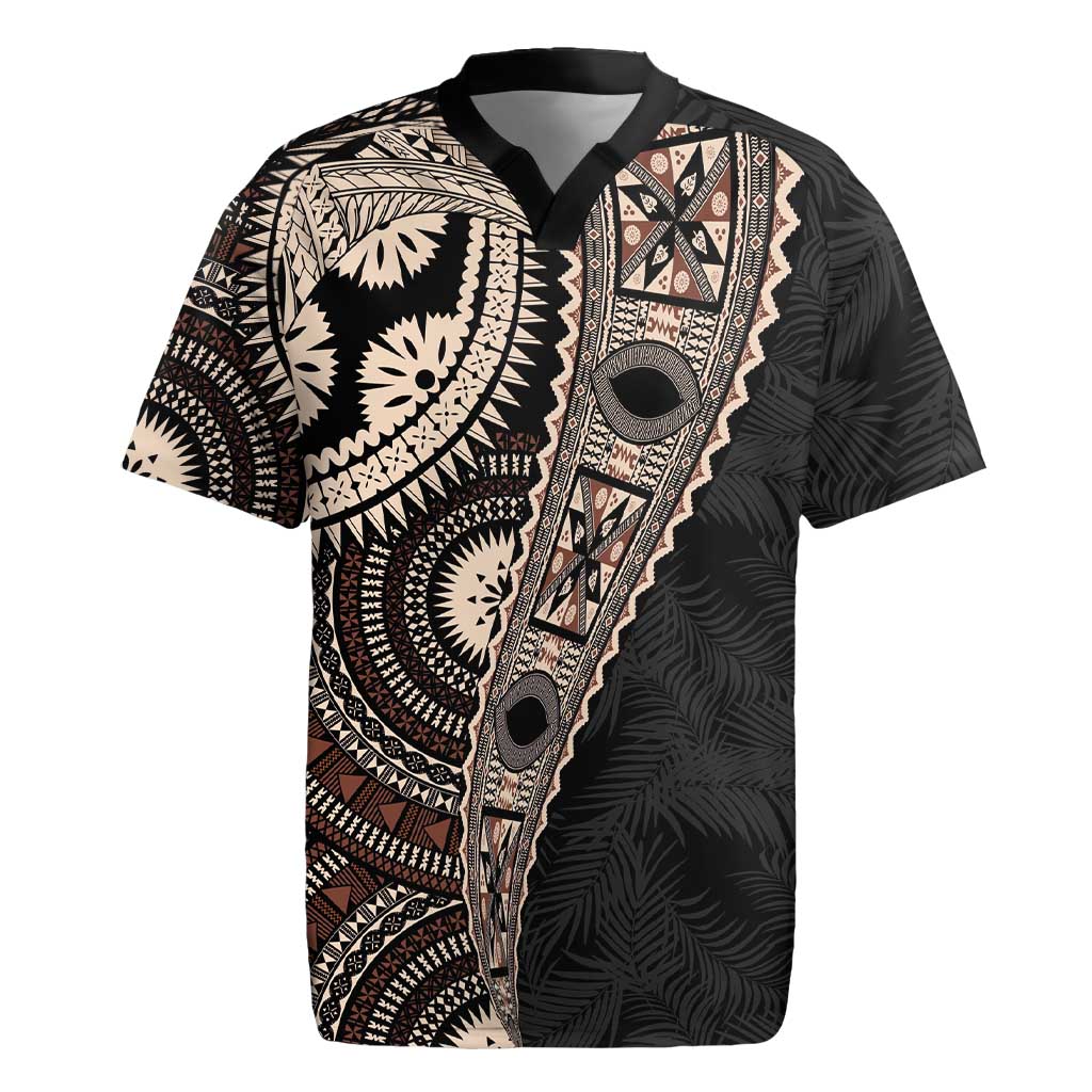 Fiji Traditional Masi Rugby Jersey Tapa Art Palm Leaves Pattern LT03 Brown - Polynesian Pride