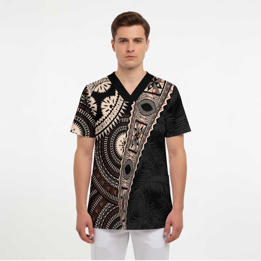 Fiji Traditional Masi Scrub Top Tapa Art Palm Leaves Pattern - Polynesian Pride