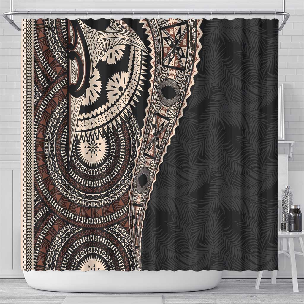 Fiji Traditional Masi Shower Curtain Tapa Art Palm Leaves Pattern