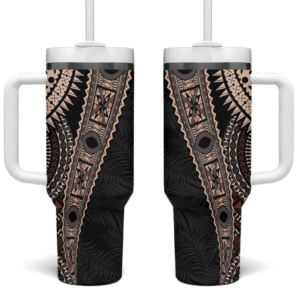 Fiji Traditional Masi Tumbler With Handle Tapa Art Palm Leaves Pattern LT03 One Size: 40 oz Brown - Polynesian Pride