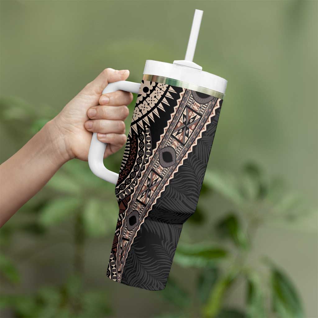 Fiji Traditional Masi Tumbler With Handle Tapa Art Palm Leaves Pattern LT03 - Polynesian Pride