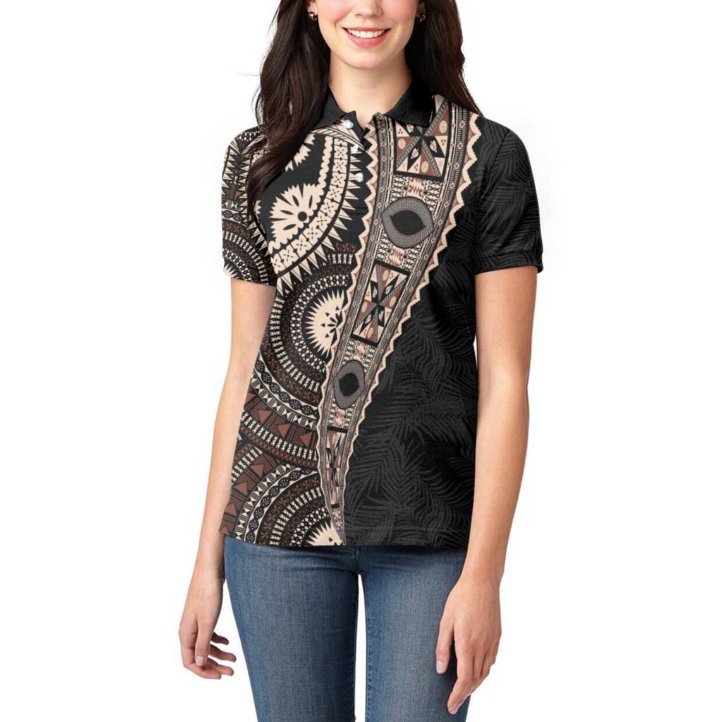 Fiji Traditional Masi Women Polo Shirt Tapa Art Palm Leaves Pattern