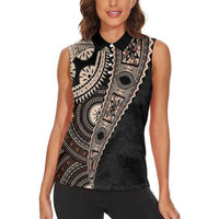 Fiji Traditional Masi Women Sleeveless Polo Shirt Tapa Art Palm Leaves Pattern