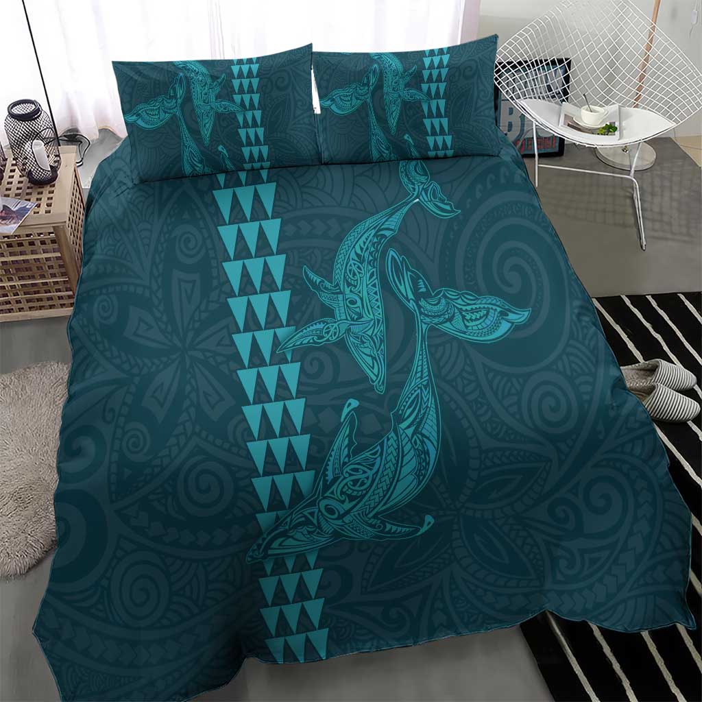 Aloha Hawaii Whale Kakau and Polynesian Tattoo Bedding Set Turquoise Color