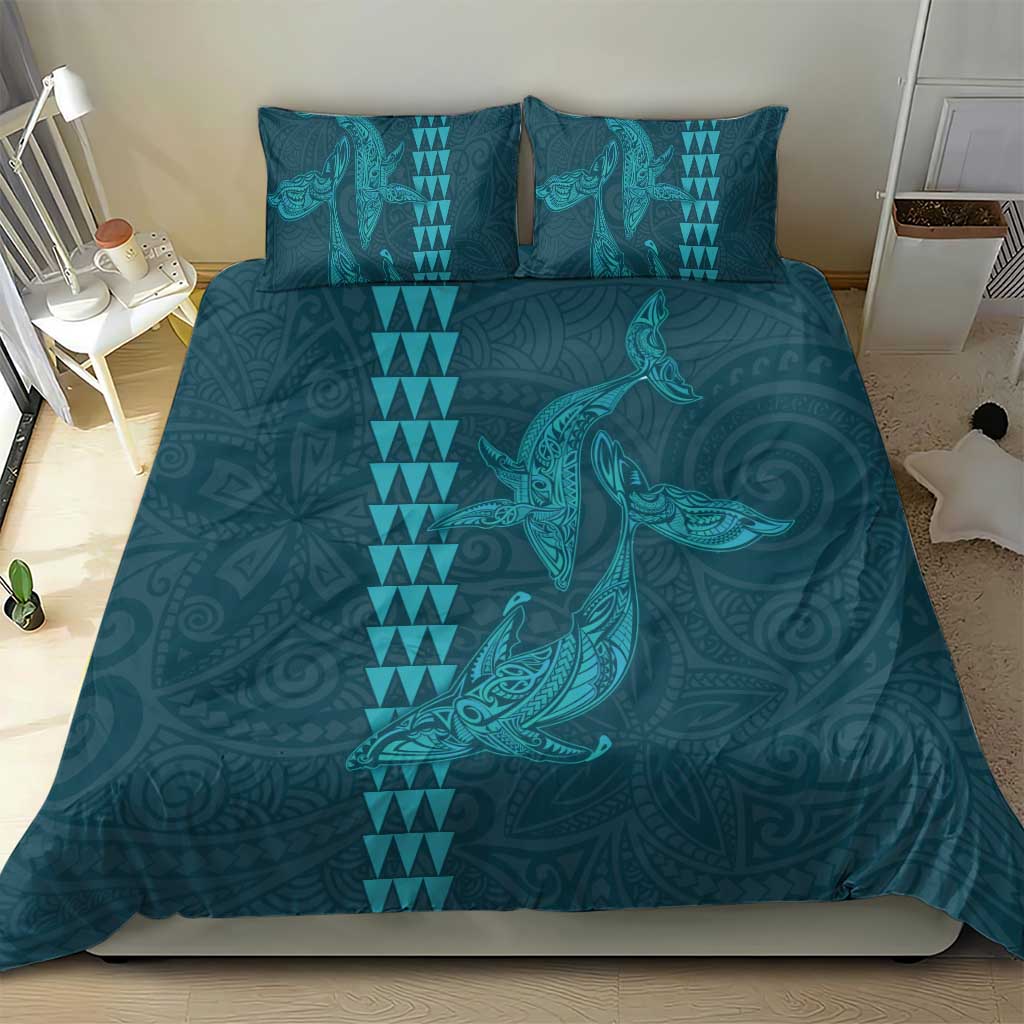 Aloha Hawaii Whale Kakau and Polynesian Tattoo Bedding Set Turquoise Color