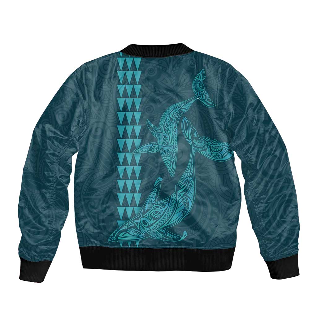 Aloha Hawaii Whale Kakau and Polynesian Tattoo Bomber Jacket Turquoise Color