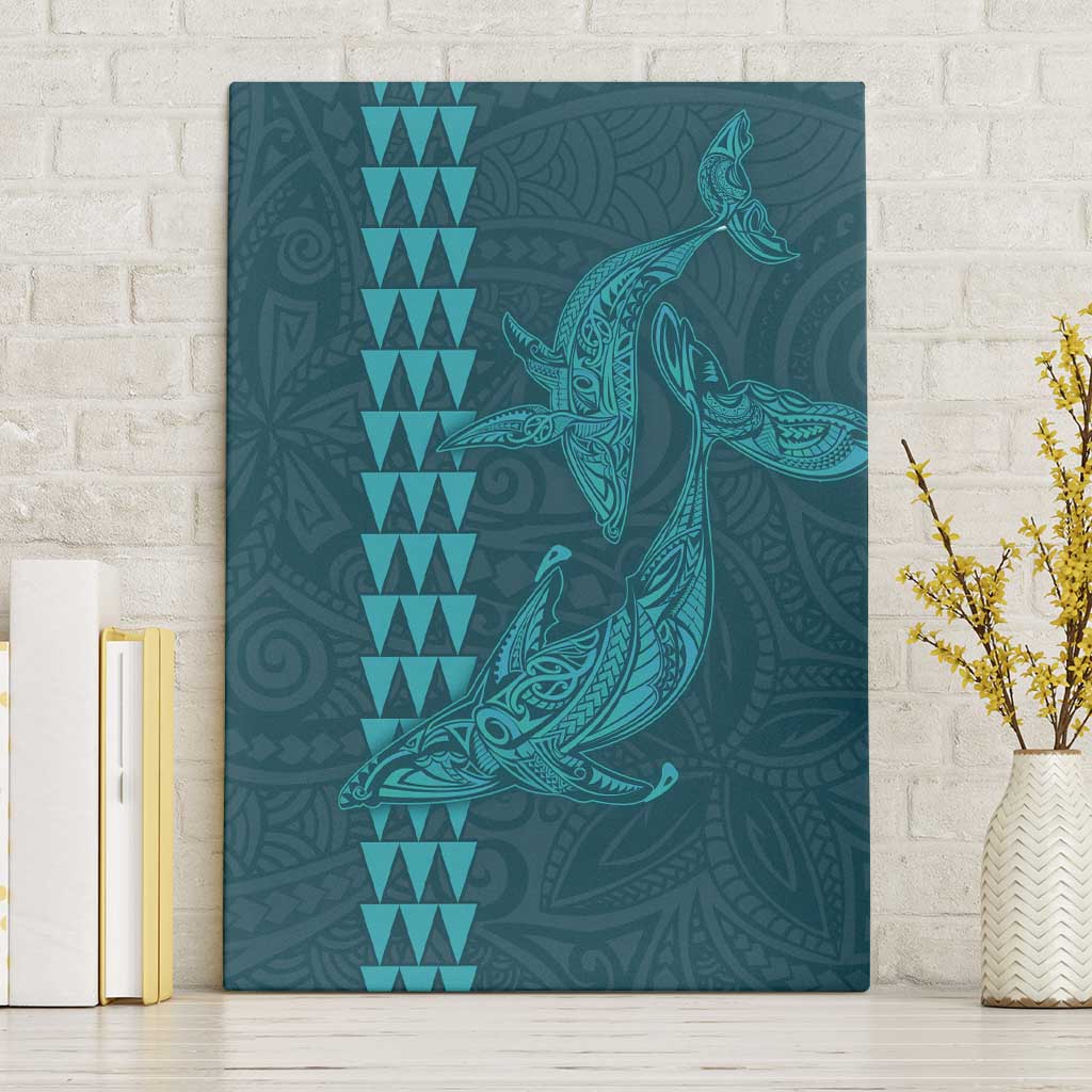 Aloha Hawaii Whale Kakau and Polynesian Tattoo Canvas Wall Art Turquoise Color