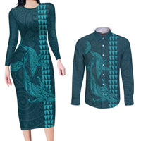 Aloha Hawaii Whale Kakau and Polynesian Tattoo Couples Matching Long Sleeve Bodycon Dress and Long Sleeve Button Shirt Turquoise Color