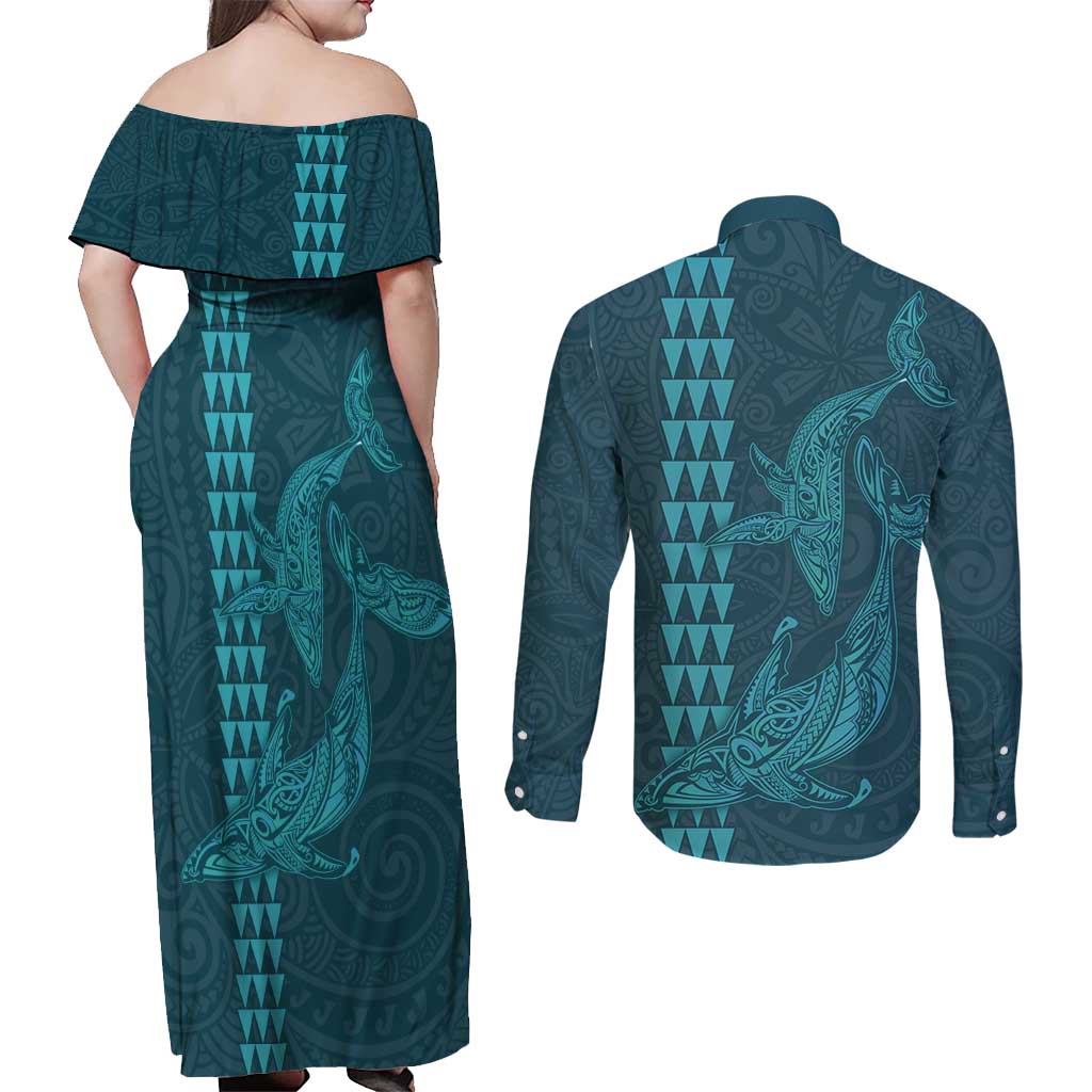 Aloha Hawaii Whale Kakau and Polynesian Tattoo Couples Matching Off Shoulder Maxi Dress and Long Sleeve Button Shirt Turquoise Color
