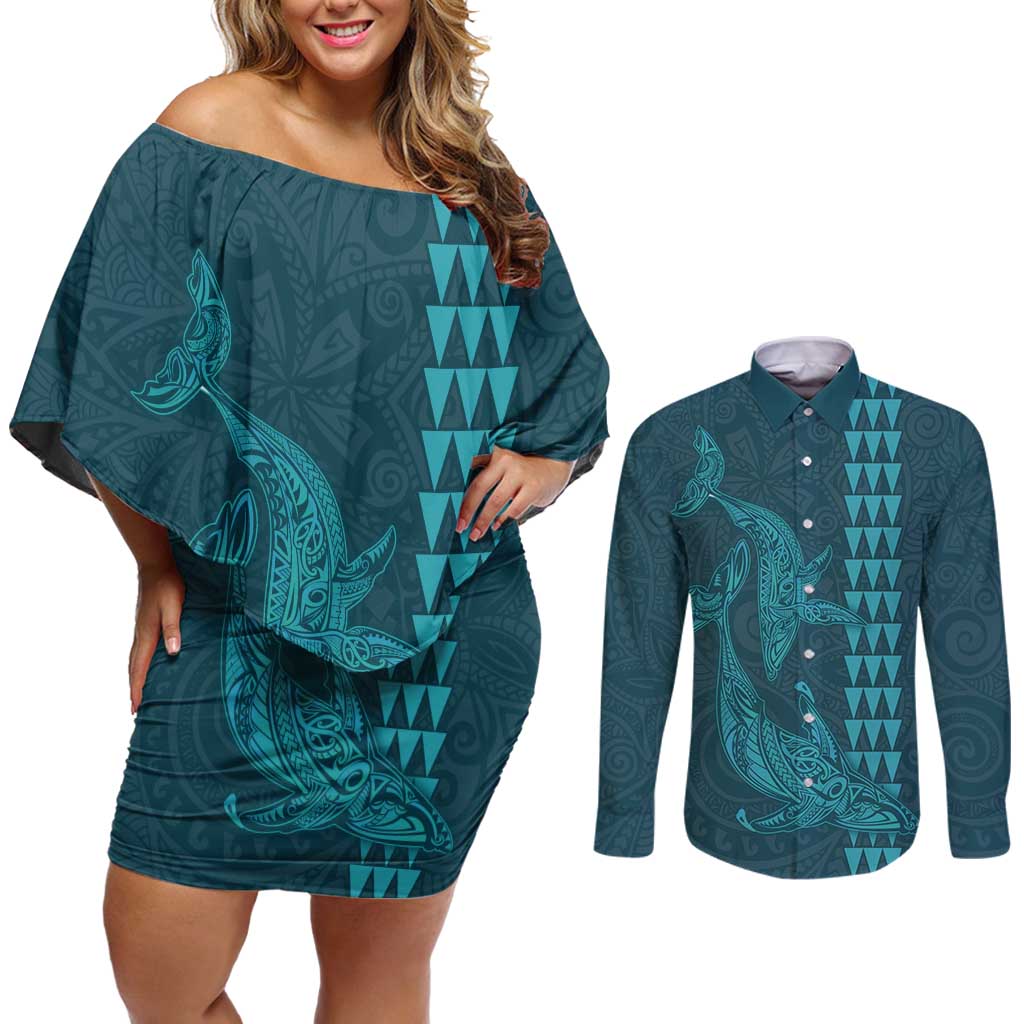 Aloha Hawaii Whale Kakau and Polynesian Tattoo Couples Matching Off Shoulder Short Dress and Long Sleeve Button Shirt Turquoise Color