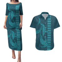 Aloha Hawaii Whale Kakau and Polynesian Tattoo Couples Matching Puletasi and Hawaiian Shirt Turquoise Color LT03 Turquoise - Polynesian Pride