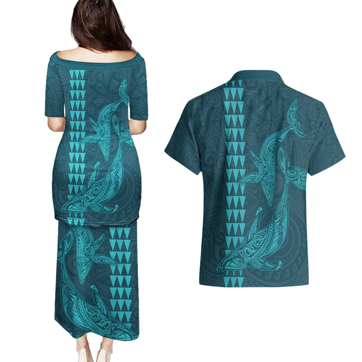 Aloha Hawaii Whale Kakau and Polynesian Tattoo Couples Matching Puletasi and Hawaiian Shirt Turquoise Color LT03 - Polynesian Pride
