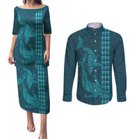 Aloha Hawaii Whale Kakau and Polynesian Tattoo Couples Matching Puletasi and Long Sleeve Button Shirt Turquoise Color LT03 Turquoise - Polynesian Pride
