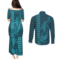 Aloha Hawaii Whale Kakau and Polynesian Tattoo Couples Matching Puletasi and Long Sleeve Button Shirt Turquoise Color LT03 - Polynesian Pride