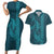 Aloha Hawaii Whale Kakau and Polynesian Tattoo Couples Matching Short Sleeve Bodycon Dress and Hawaiian Shirt Turquoise Color