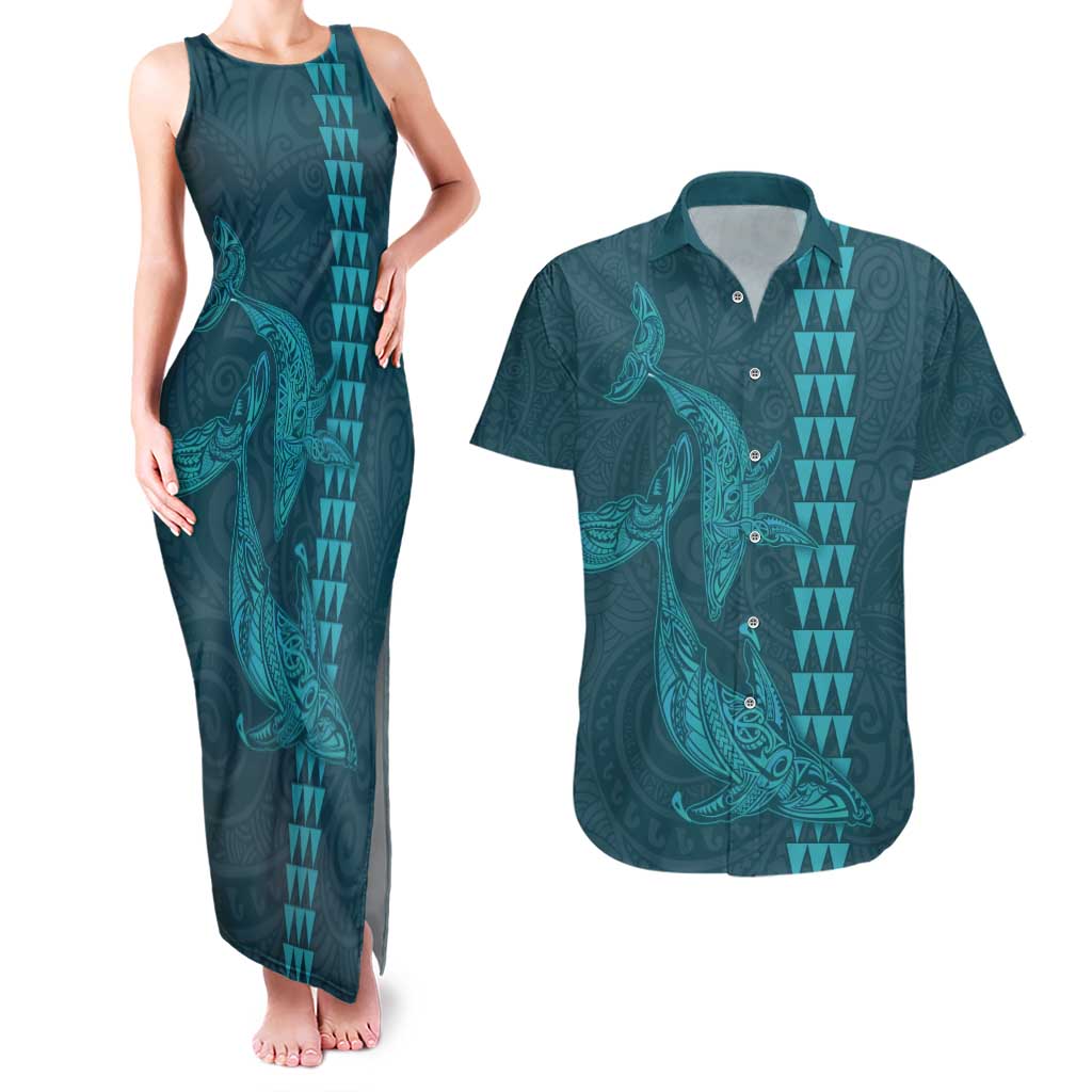 Aloha Hawaii Whale Kakau and Polynesian Tattoo Couples Matching Tank Maxi Dress and Hawaiian Shirt Turquoise Color