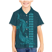 Aloha Hawaii Whale Kakau and Polynesian Tattoo Family Matching Mermaid Dress and Hawaiian Shirt Turquoise Color