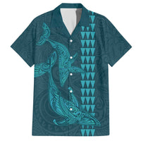 Aloha Hawaii Whale Kakau and Polynesian Tattoo Family Matching Off The Shoulder Long Sleeve Dress and Hawaiian Shirt Turquoise Color
