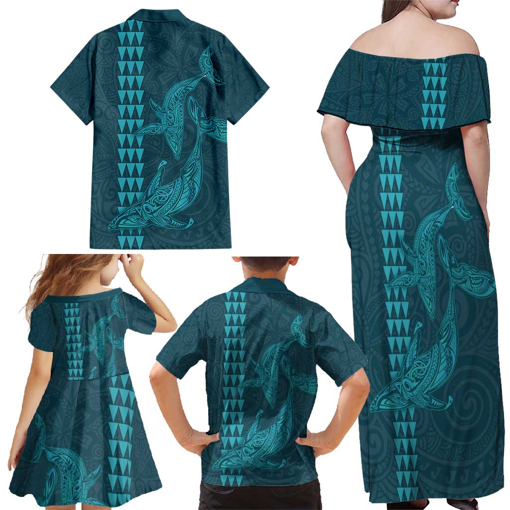 Aloha Hawaii Whale Kakau and Polynesian Tattoo Family Matching Off Shoulder Maxi Dress and Hawaiian Shirt Turquoise Color