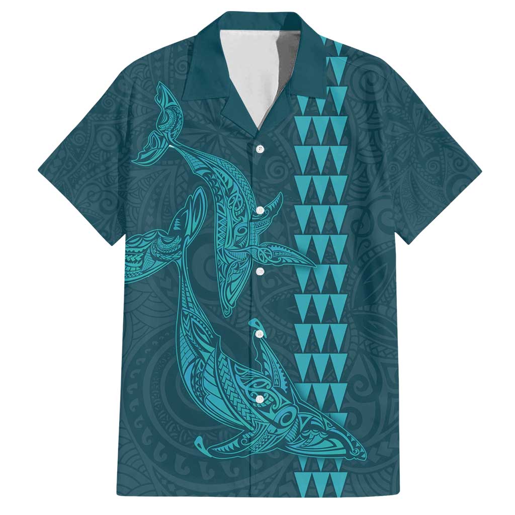 Aloha Hawaii Whale Kakau and Polynesian Tattoo Family Matching Off Shoulder Maxi Dress and Hawaiian Shirt Turquoise Color