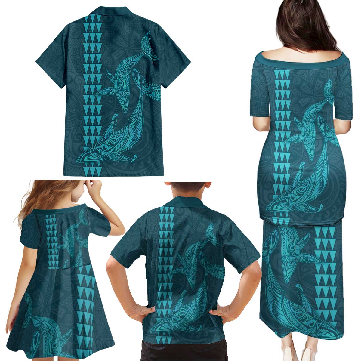 Aloha Hawaii Whale Kakau and Polynesian Tattoo Family Matching Puletasi and Hawaiian Shirt Turquoise Color LT03 - Polynesian Pride