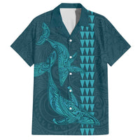Aloha Hawaii Whale Kakau and Polynesian Tattoo Family Matching Puletasi and Hawaiian Shirt Turquoise Color LT03 Dad's Shirt - Short Sleeve Turquoise - Polynesian Pride