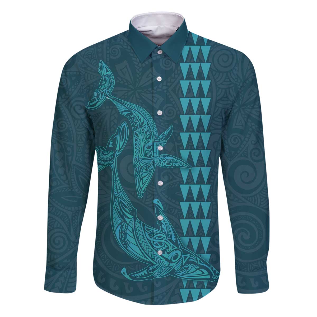 Aloha Hawaii Whale Kakau and Polynesian Tattoo Family Matching Puletasi and Hawaiian Shirt Turquoise Color LT03 Dad's Shirt - Long Sleeve Turquoise - Polynesian Pride