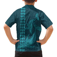 Aloha Hawaii Whale Kakau and Polynesian Tattoo Family Matching Tank Maxi Dress and Hawaiian Shirt Turquoise Color