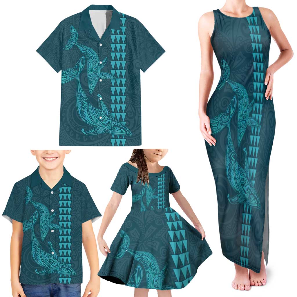 Aloha Hawaii Whale Kakau and Polynesian Tattoo Family Matching Tank Maxi Dress and Hawaiian Shirt Turquoise Color