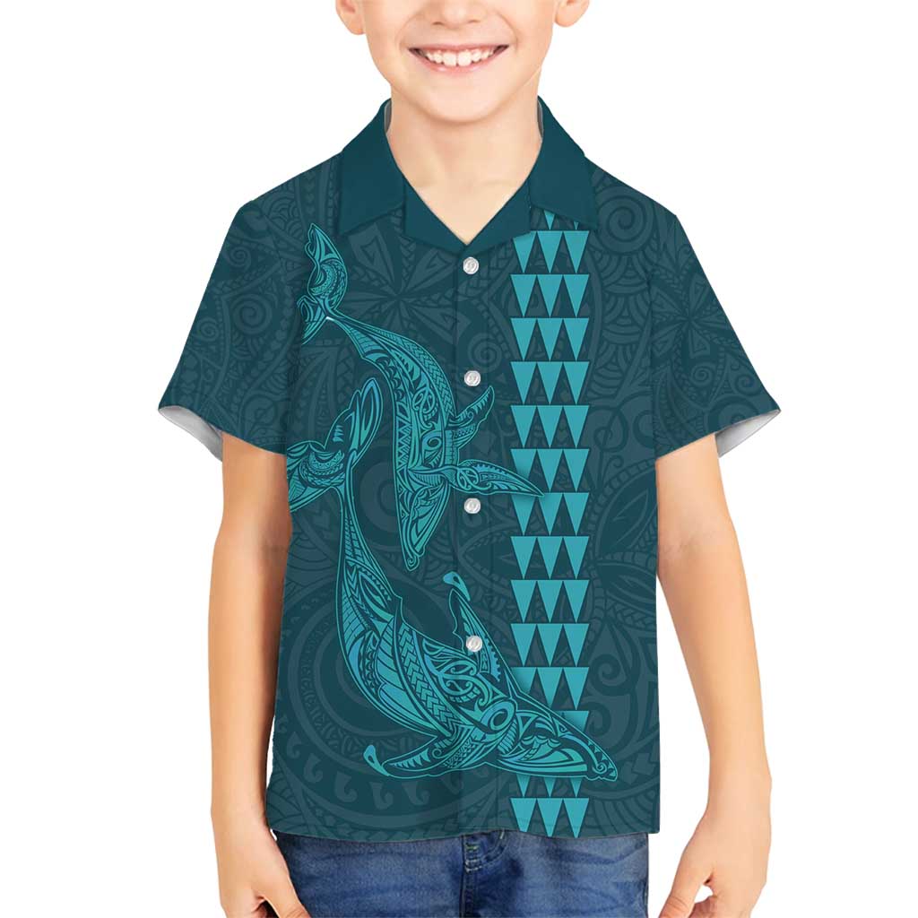 Aloha Hawaii Whale Kakau and Polynesian Tattoo Family Matching Tank Maxi Dress and Hawaiian Shirt Turquoise Color