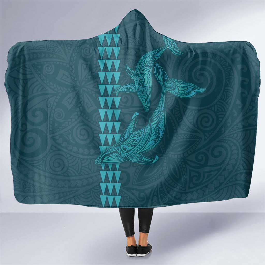 Aloha Hawaii Whale Kakau and Polynesian Tattoo Hooded Blanket Turquoise Color